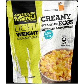 Lightweight Creamy scrambled eggs with ham and che