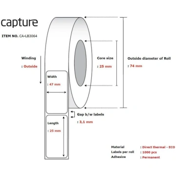 Capture Label 47 x 25 Core 25 Diameter 74 mm. Ther