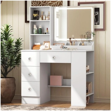 White Dressing Table with LED Lighting, 4 Drawers,