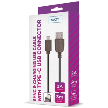 Setty Universal USB Cable 3m 2A type-C Black
