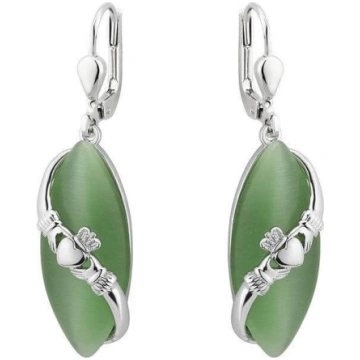 Sterling Silver Celtic Cat Eye Claddagh Drop Earri