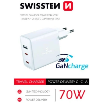 Swissten GaN Tīkla Lādētājs 2 x USB-C / USB / 70W 