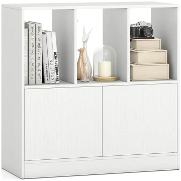 COSTWAY 3-Tier Bookcase with 2 Doors, Cube Shelf w