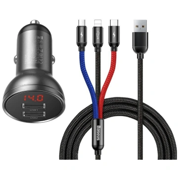 Baseus 2x USB 4.8A 24W auto lādētājs ar LCD + 3in1