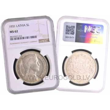 Latvia 5 Lati 1931 - NGC MS 62