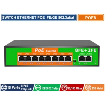 SWITCH POE ETHERNET 10 PORTE 8 PORTE POE + 2 PORTE