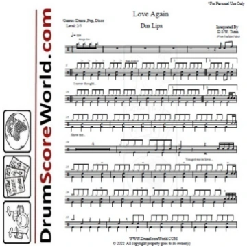 Dua Lipa - Love Again - Drum Sheet - Drum Score - 