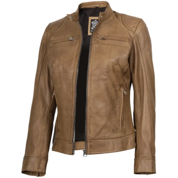 Women's Dodge Camel Brown Cafe Racer Leather 