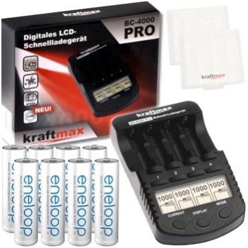 Kraftmax Combo Pack BC-4000 Pro lādētājs un 8 x Pa