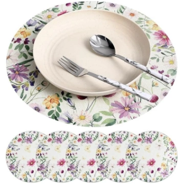 Set of 6 round linen place mats with floral patter