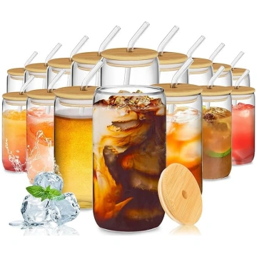 Stikla tumbleris ar vāku un salmiņiem, 473 ml, led