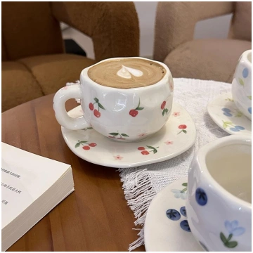 300ML Hand Painted Ceramic Coffee Mug with Saucer