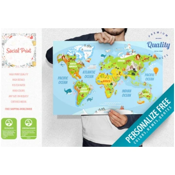 World Map for Children and Kids, Poster Print