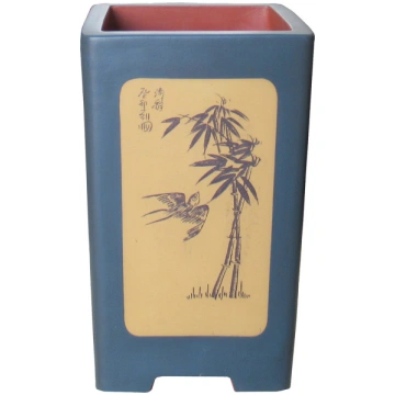 15" Teal and Sand Unglazed Etched Cascade Pot