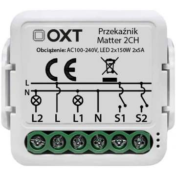 OXT moduļa relejs 2 ķēdes Matter Wi‑Fi (HomeKit/Go