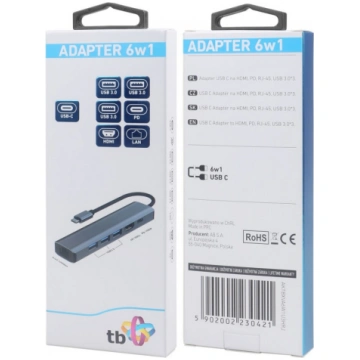 TB USB C Adapter HUB 6-in-1 - HDMI, USB x3, PD, RJ