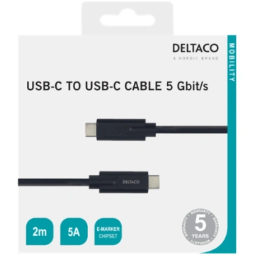 DELTACO USB-C - USB-C cable, 5Gbit/s, 5A, 2M, blac