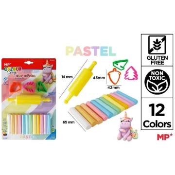 Plastilīns 12 krāsu pasteļkrāsas + veidnes un rull