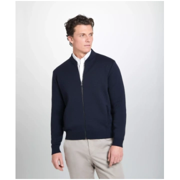 Navy Blue Knitted Merino Wool Zipped Bomber Thomas