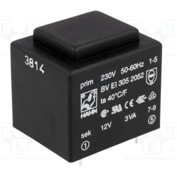 Transformators 220V=>12V, 250mA, 3VA, 32.5x27.5x29