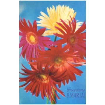 Apsveikuma pastkarte "Sveiciens 8. martā" Gerberas