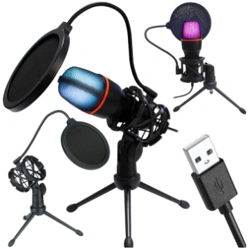 Kardioīda USB mikrofons ar RGB apgaismojumu un sta