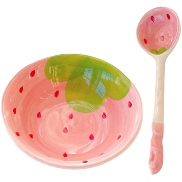 Healeved Cute Strawberry Ceramic Bowl and Spoon Se