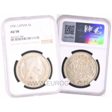 Latvia 5 Lati 1931 - NGC AU 58