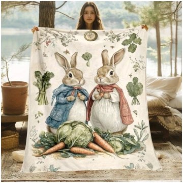 Vintage Bunny & Vegetable Fleece Blanket, Easter-I