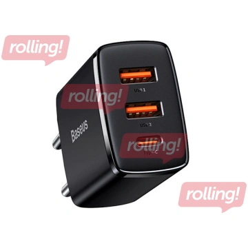 Lādētājs Baseus QC USB Type C + 2x USB, 30W, melns