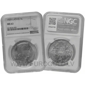 Latvia 5 Lati 1929 - NGC MS 62