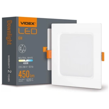 VIDEX LED iebūvējamais gaismeklis 6W, 620LM 4000K 