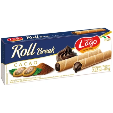 Vafeļu rullīši LAGO Cacao, 80g