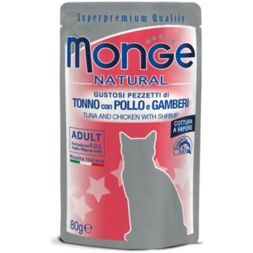 Monge Natural kaķiem, ar tunci, vistu un garnelēm,