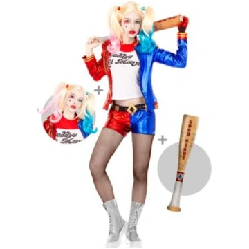 Disfraz par Harley Quinn sievietēm ar parūku un uz