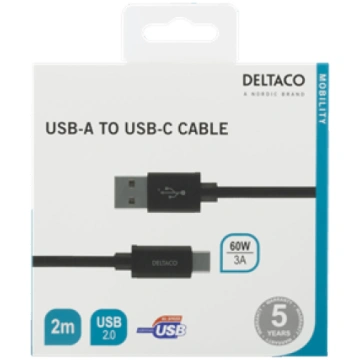 USB-A for USB-C cable, 2m, USB 2.0, braided, black