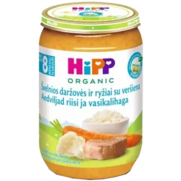 HIPP Dārzeņi Ar Rīsiem, Teļa Gaļu (8m+) biezenis, 