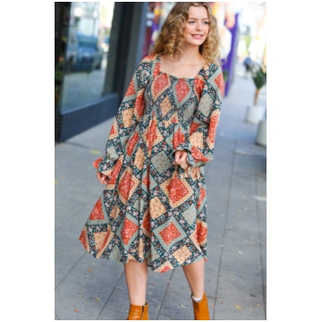 Join Me Later Rust/Teal Boho Smocked Woven Midi Dr