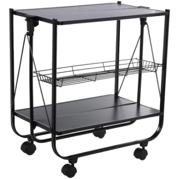 Folding Serving Trolley with Metal Wheels in Black