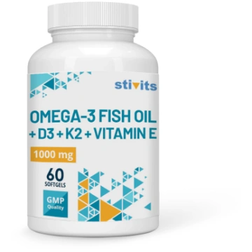 Omega-3 zivju eļļa 1000 mg + D3, K2 un E vitamīni,