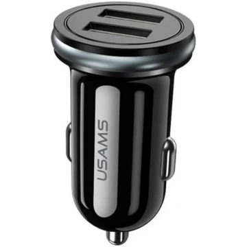 Auto telefona lādētājs Usams, 2 x USB, melna krās