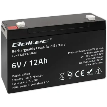Qoltec AGM akumulators | 6V | 12Ah | Bezapkopes | 