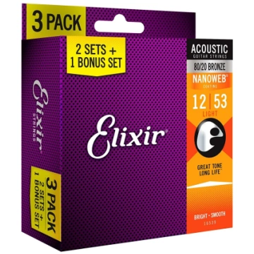 Elixir 16539 Acoustic Nanoweb Light 3-Pack 12-53