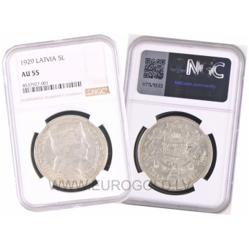Latvia 5 Lati 1929 - NGC AU 55
