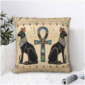Egyptian Cats And Ankh Cross Polyester Cushion Cov