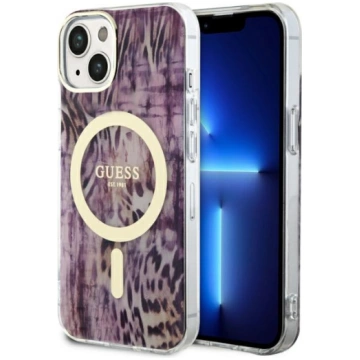 Guess iPhone 14 vāciņš Leopard MagSafe, rozā - Leo