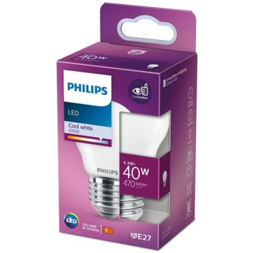 PHILIPS LED stikla 40W E27 Auksti balta 4000K P45 