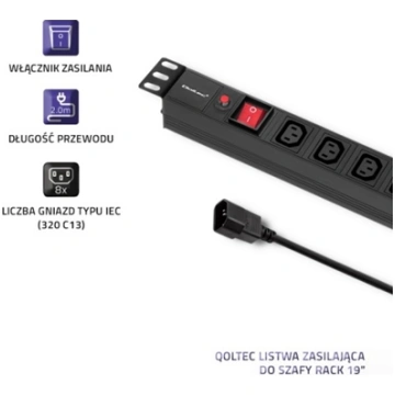 PDU Qoltec power strip for RACK 19" | 1U | 10A | C