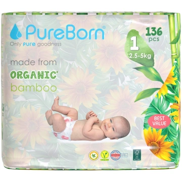 PureBorn autiņbiksītes ar klipšiem 1. izmērs Mega 