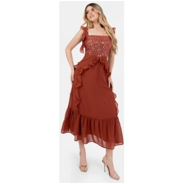 Maya Embellished Strappy Midi Dress with Ruffle De